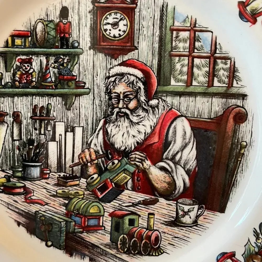 Royal Stafford SANTA'S WORKSHOP 11in Dinner Plate Set of 4 Holiday Porcelain New